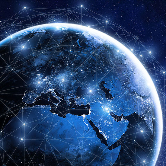 A globe surrounded by satellites